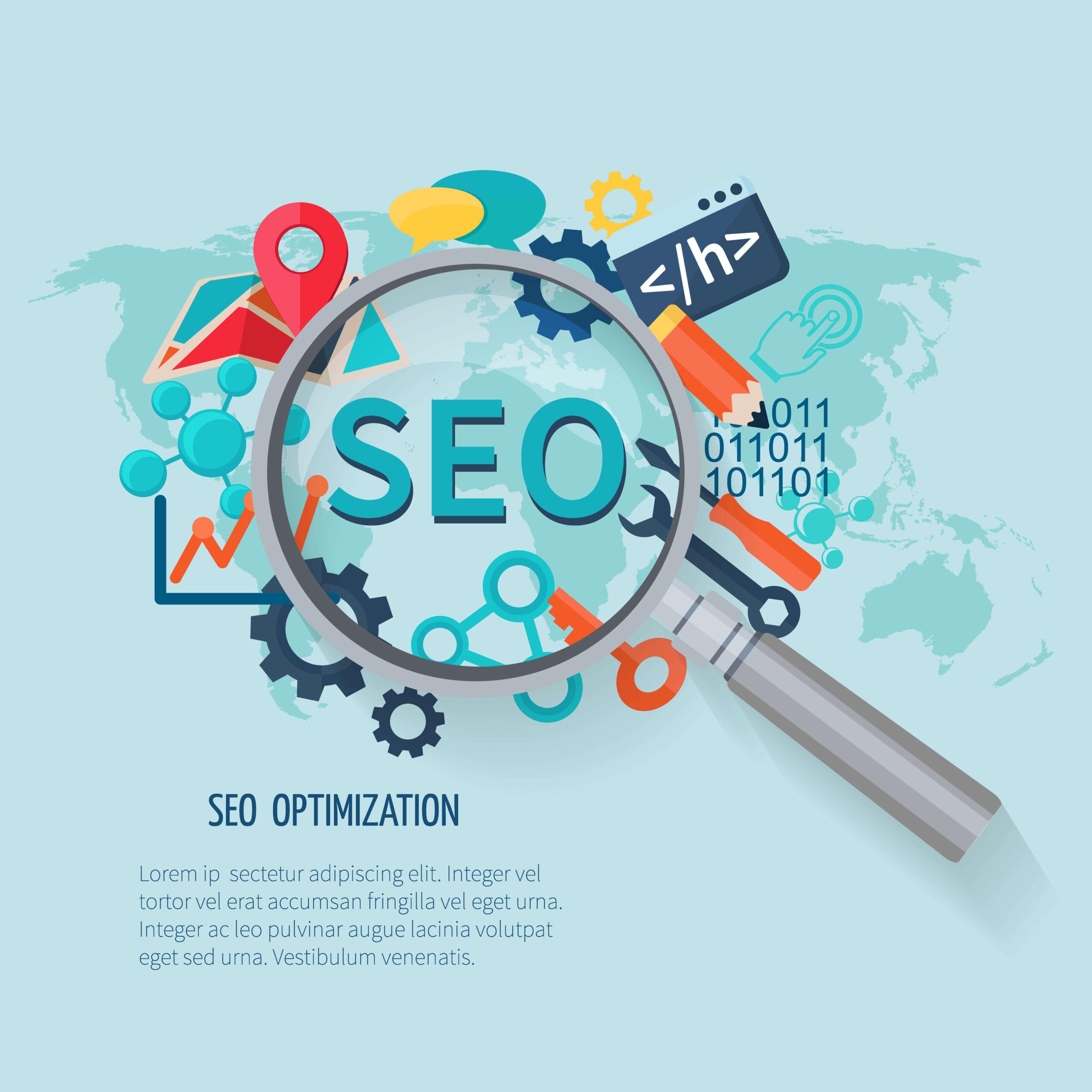 Seo marketing concept with research symbols world map and magnifier